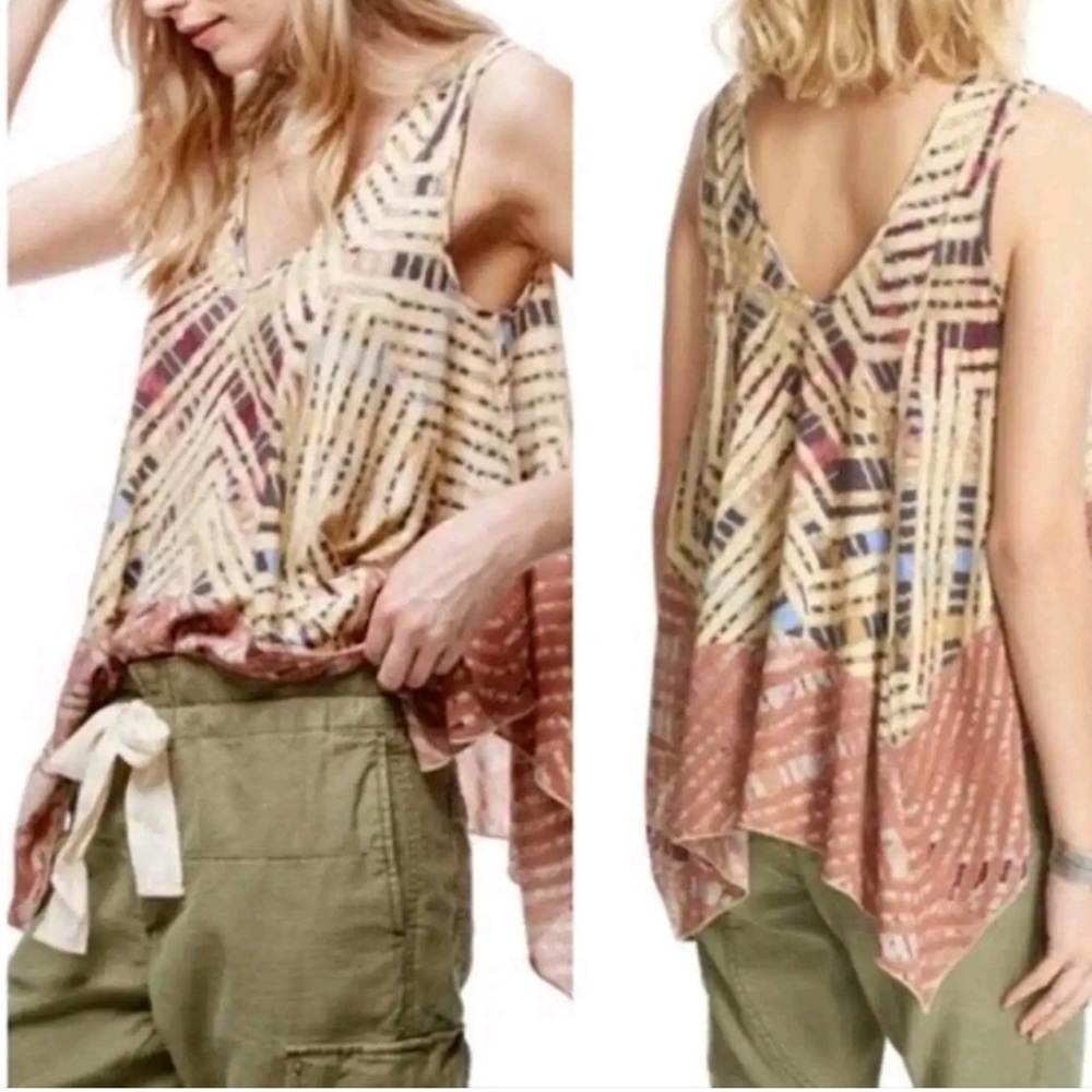 Free People Day Dreamers Tank V Neck Handkerchief hem Multicolor Size Large